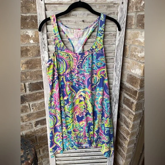 lilly pulitzer cotton tank dress Lilly Pulitzer Evangelina Racerback Ruffled Tank Dress Pink Coco Sunset Small
